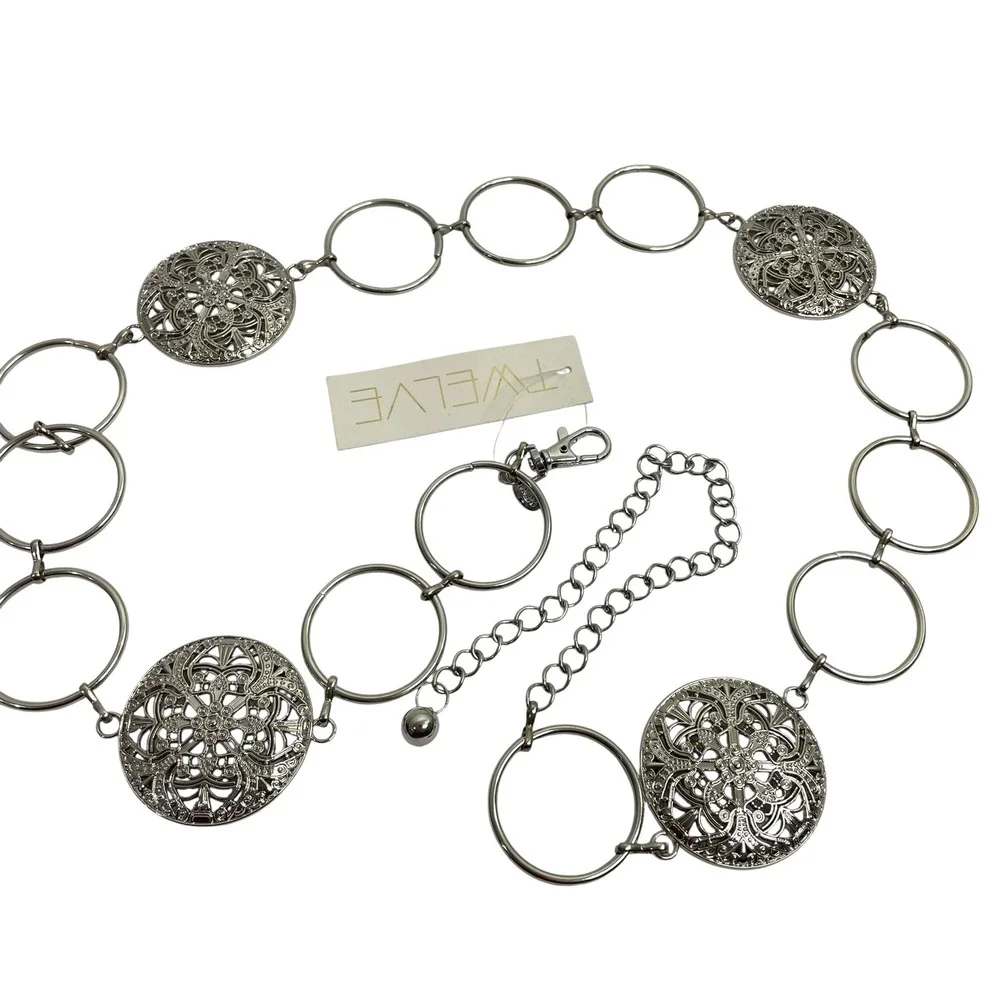 New Round metal concho chain belt Sliver Tone western boho tooled cowgirl floral